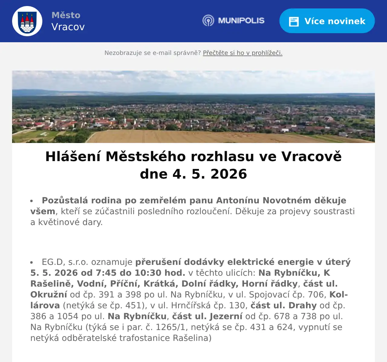 Program Rozhlasu Dnes 📣 Hlášení Městského rozhlasu ve Vracově dne 4. 5. 2026